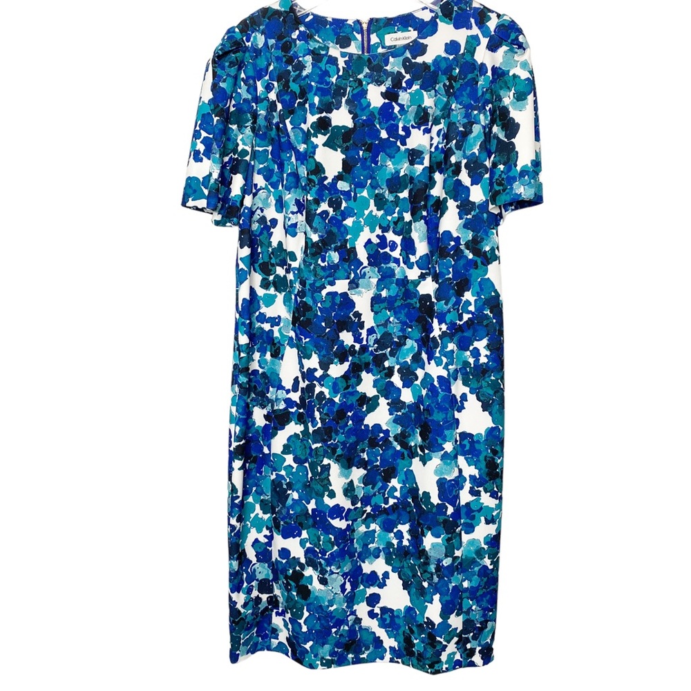 Calvin Klein Watercolor Floral Print Puff Sleeve Sheath Dress 16W Blue Green
